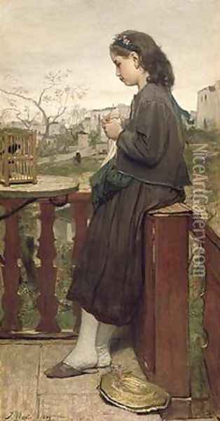 Girl knitting on the balcony Montmartre 1869 Oil Painting - Jacob Henricus Maris