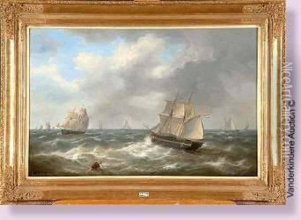 Bateaux Sur Une Mer Agitee Oil Painting - Louis Verboeckhoven