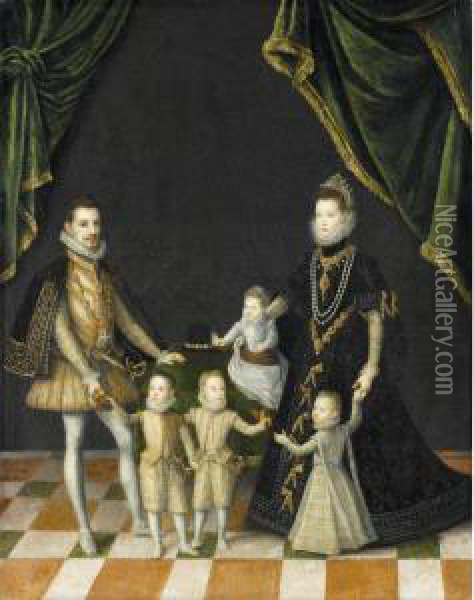 Group Portrait Of The Family Of 
Carlo Emanuele, Duke Of Savoy (1562 - 1630) And Dona Catalina Micaela, 
Infanta Of Spain, Archduchess Of Austria (1567 - 1597) With Their 
Children Filippo Emanuele (1586 - 1605), Vittorio Amedeo (1587 - 1637), 
Filibe Oil Painting - Alonso Sanchez Coello