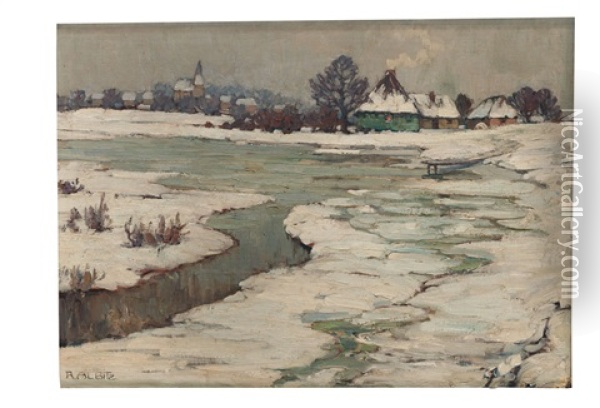 Winterlandschaft Mit Zugefrorenem Teich, Ein Kirchdorf Im Hintergrund Oil Painting - Richard Albitz