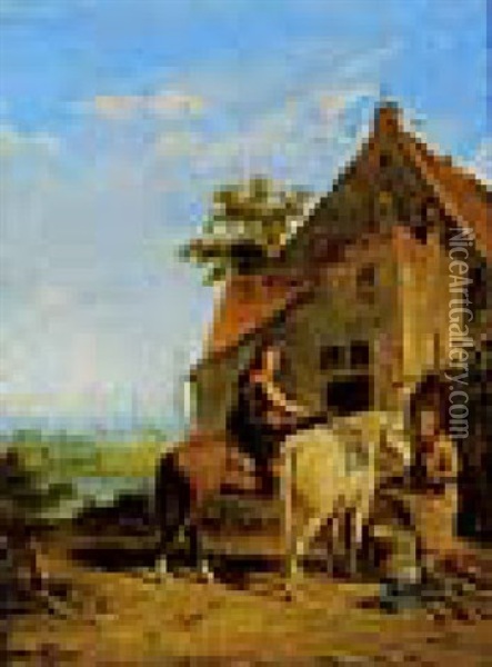 Rastende Reiter An Einem Brunnen Oil Painting - Johann Georg Pforr