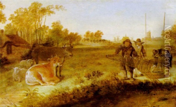 Hollandische Landschaft Mit Fischern Und Vieh Oil Painting - Govert Dircksz Camphuysen