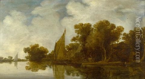 A Wooded River Landscape With Sailing Boats Oil Painting - Rafael Govaertsz Camphuysen