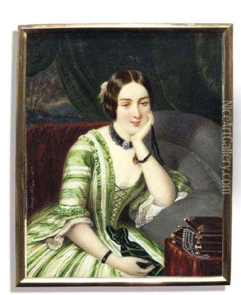 A Young Lady, In Green And White Striped Dress Oil Painting - Adolf Theer