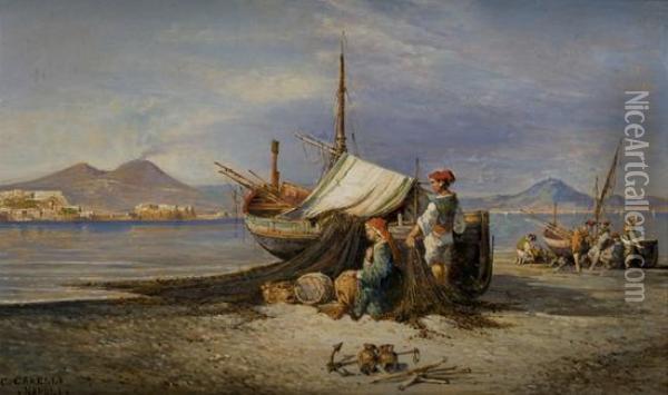Napoli, Veduta Da Mergellina Con Barche E Pescatori Oil Painting - Consalvo Carelli