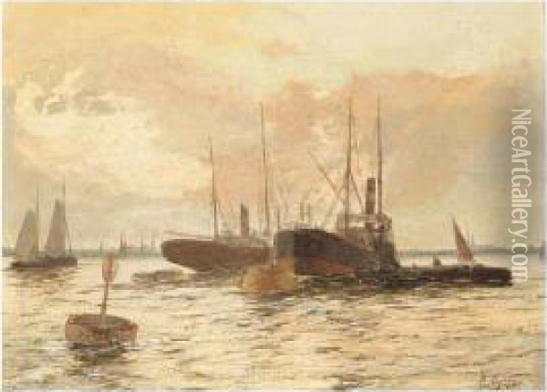 Steamer On A River Oil Painting - Edwin Fletcher