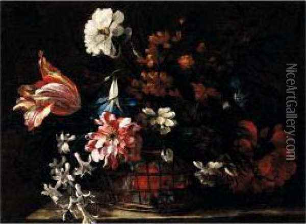 Still Life Of A Basket Of Flowers Upon A Stone Ledge Oil Painting - Nicolas Baudesson