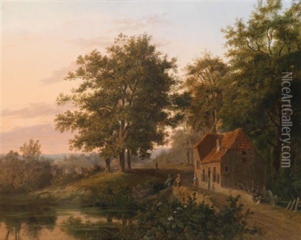 Romantische Waldlandschaft Im Abendrot Oil Painting - Anthony Biester