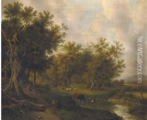 Animals Watering In A Wooded Lake Landscape Oil Painting - Eugene Joseph Verboeckhoven