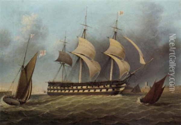 A Two-decker Running Out Of The Harbour At Portsmouth In A Stiff Breeze Oil Painting - Robert Strickland Thomas