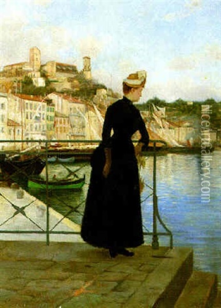 A Portrait Of His Wife, Jacqueline,  In Cannes Oil Painting - Gaston La Touche