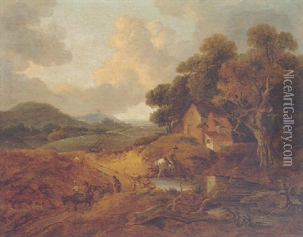 Landscape With Rustics And Donkeys On A Path Oil Painting - Thomas Gainsborough