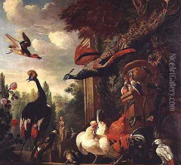 A peacock peahen and other exotic birds and poultry on a Terrace Oil Painting - Melchior de Hondecoeter