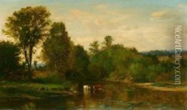Pastoral Landscape With Cows By The Riverside Oil Painting - Samuel Lancaster Gerry