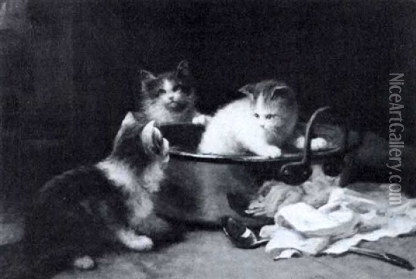Kittens Playing In A Copper Pot Oil Painting - Leon Charles Huber