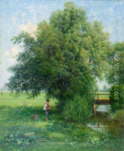 Bachpartie Mit Jungem Angler. Oil Painting - Georg Richard Falkenberg