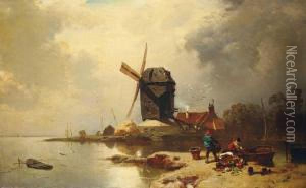 Seelandschaft Mit Muhle Und Fischern. Oil Painting - Charles Hoguet
