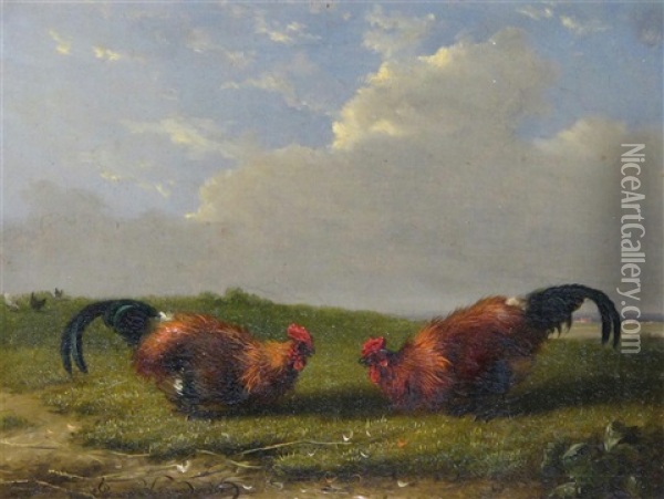 Cock Fighting Scenes (pair) Oil Painting - Francois Vandeverdonck