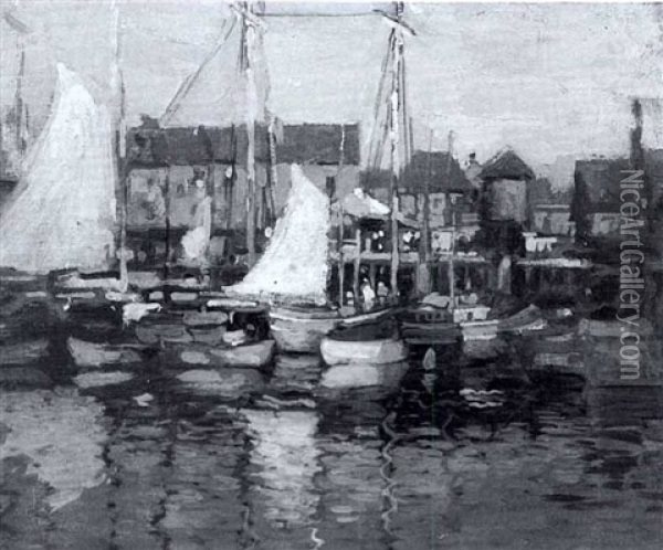 Sailboats In Dock Oil Painting - Paul Cornoyer