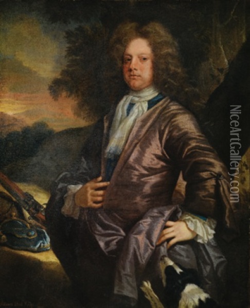 Portrait Of William Paul Of Bray, Berkshire, With His Dog And A Gun Oil Painting - John Closterman