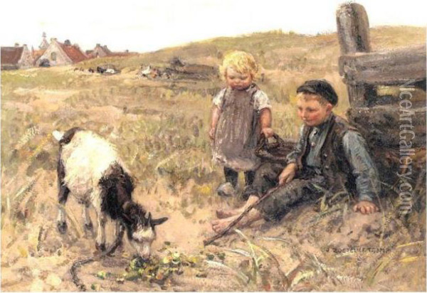 Children Playing With A Goat Oil Painting - Jan Zoetelief Tromp