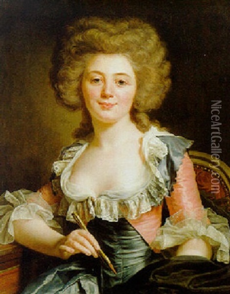 Portrait Of An Artist, Holding A Stylus And Wearing A Blue Silk Gown Oil Painting - Adelaide Labille-Guiard