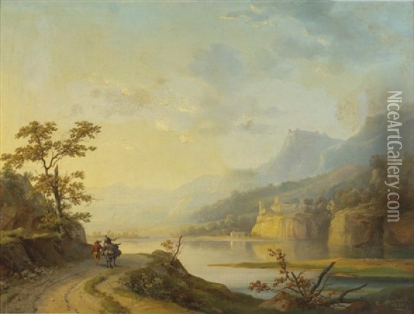 Paysage A La Riviere Avec Un Couple De Villageois En Chemin Oil Painting - Alexandre Louis Marie Theodore Richard