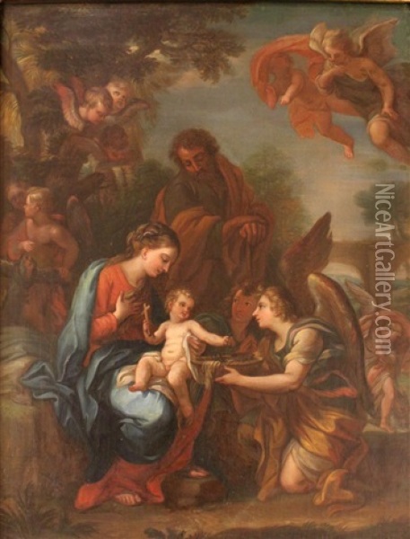 Angels Presnting The Arma Christi To The Holy Family Resting On The Flight To Egypt Oil Painting - Giuseppe Bartolomeo Chiari
