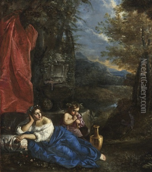 Flora And The Infant Bacchus In A Wooded Landscape Oil Painting - Pier Francesco Mola