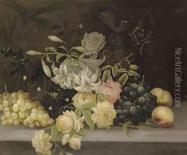 Lillies and roses, hollyhocks, grapes and peaches Oil Painting - Edwin Steele