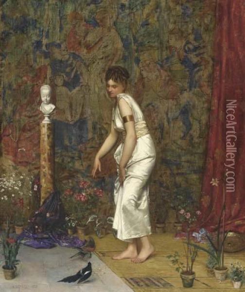 Girl In A White Roman Dress Feeding Two Birds. Oil Painting - Adolphe-Alexandre Lesrel