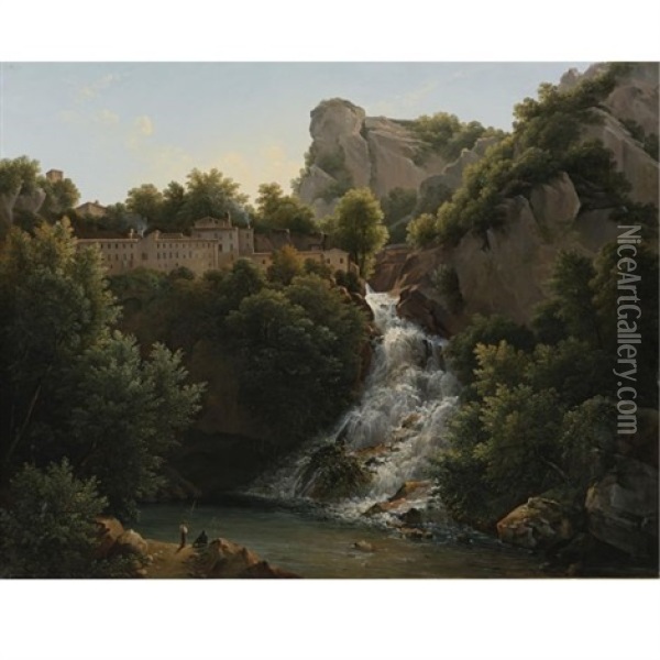 A Landscape With A Waterfall, A Mountain Village At The Edge Of The Cliff Oil Painting - Polydore de Bec