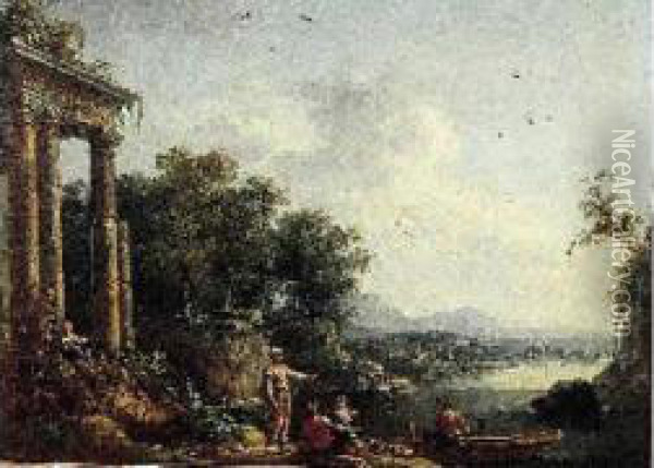Pecheurs Pres D'une Ruine Antique Oil Painting - Jean-Baptiste Claudot De Nancy