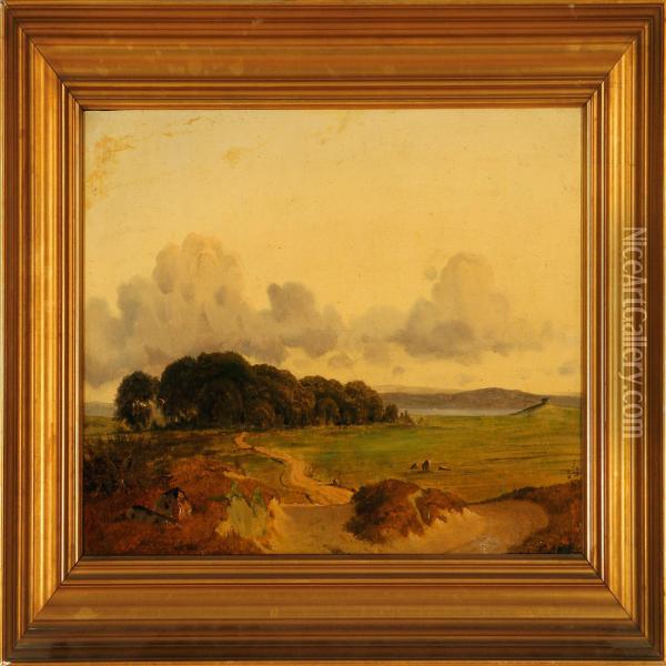 Danish Landscape With A View Towards An Inlet Oil Painting - Frederik Kraft