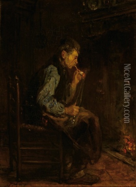 Smoking Man By A Hearth-fire Oil Painting - Jozef Israels