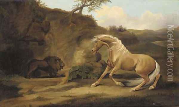 A horse startled by a lion Oil Painting - George Stubbs