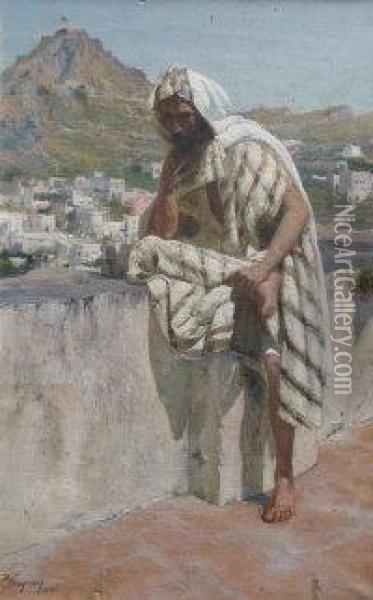 Portrait Of An Arab Gentleman Sitting On A Wall With Villagebeyond Oil Painting - Peter Conrad Schreiber