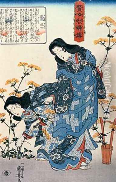 Gio and Giji Gathering Flowers Oil Painting - Utagawa Kuniyoshi