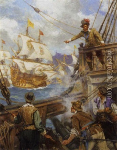 Sir Francis Drake At Cadiz Oil Painting - Arthur David Mccormick