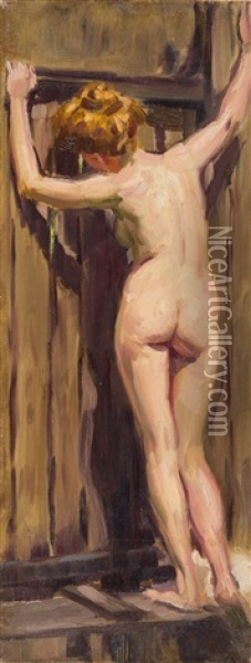 Weiblicher Ruckenakt Vor Einem Zaun Oil Painting - Hermann Moest