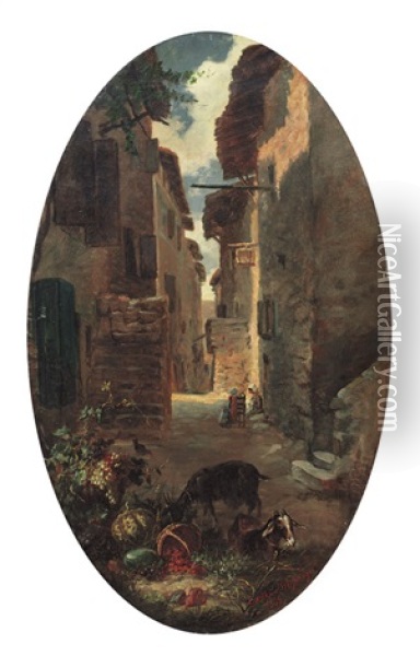 Scorcio Di Vicolo Con Figure E Natura Morta Oil Painting - Adolphe Louis (Napolean) Castex-Degrange