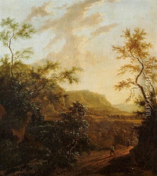 Travellers On A Sandy Track On A Mountain Pass, A River Valley Beyond At Sunset Oil Painting - Frederick De Moucheron