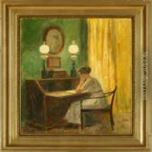 An Interior With A Woman Reading At A Bureau Oil Painting - Poul Friis Nybo