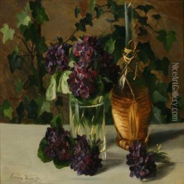 Violets And A Chiantibottle On A Table Oil Painting - Emmy Marie Caroline Thornam