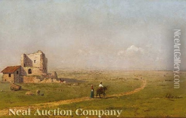 A Ruined Building In An Upland Landscape, Near An Andean Lake Oil Painting - John Bunyan Bristol