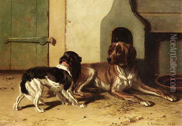 A King Charles Spaniel And A Drentse Partridge Dog Oil Painting - Conradyn Cunaeus