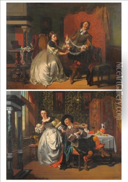 Gentleman And Lady Winding Wool In An Interior; Musical Serenade, Gentleman Playing A Violin Beside A Table (pair) Oil Painting - Casimir Van Den Daele
