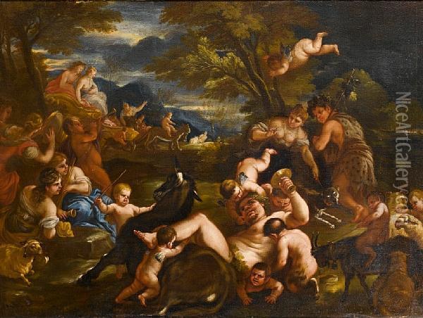 Drunken Silenus With Bacchus And Ariadne In The Distance Oil Painting - Paolo di Matteis