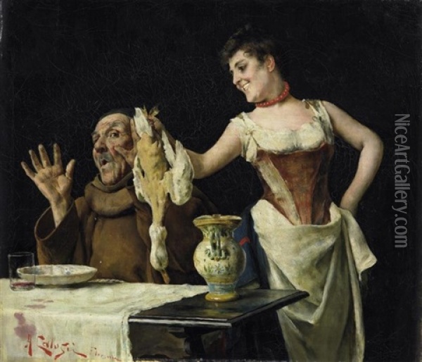 Genreszene. Die Kuchenmagd Erschreckt Einen Monch Mit Einer Gerupften Ente Oil Painting - Arturo Calosci