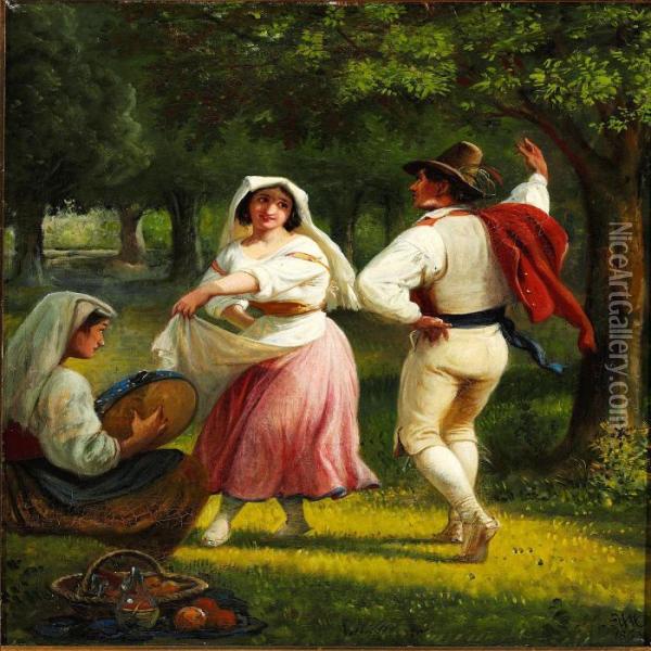 Young Italians Dancing And Playing Music Oil Painting - Wilhelm Marstrand